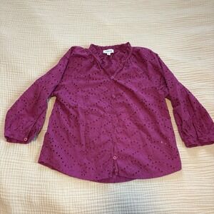 Evereve Eyelet Blouse Womens Medium Plum Pink Cotton 3/4 Sleeve Boho Feminine